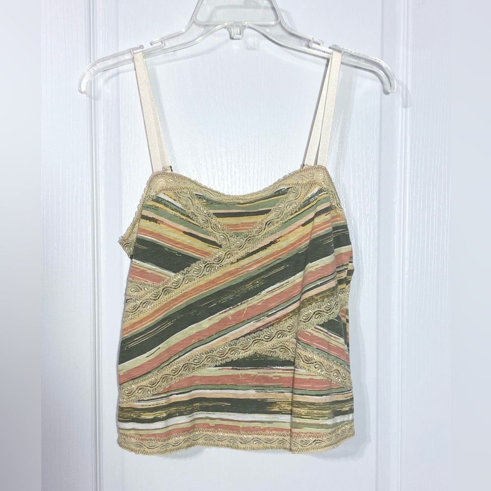 Free People Ribbon Strap Lace Trim Smocked Back Cropped Camisole Size Medium